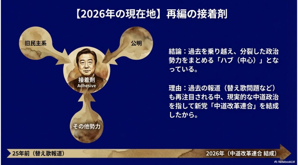 野田佳彦を中心に旧民主系、公明、その他勢力が集まる相関図。「再編の接着剤」としての役割を表現。
