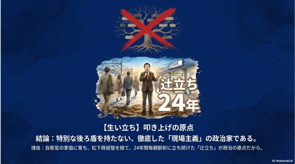 駅前で演説する野田佳彦のイラスト。辻立ち24年と世襲ではない叩き上げの原点を表現。
