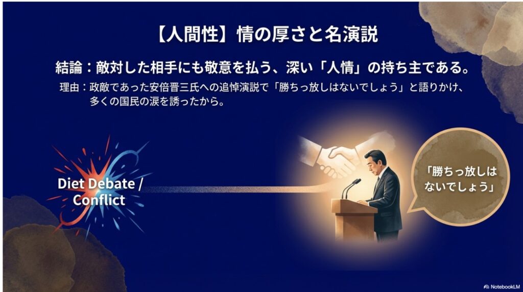 安倍晋三元首相への追悼演説を行う野田佳彦のイラスト。「勝ちっ放しはないでしょう」という言葉と握手するイメージ。