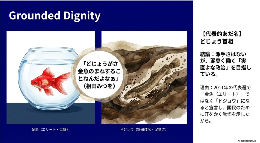 どじょうと金魚の対比イラスト。野田佳彦の「どじょう首相」の由来と実直さを表現。