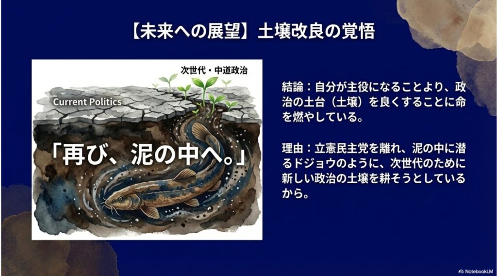 泥の中で泳ぐどじょうのイラスト。「再び、泥の中へ」という言葉とともに、次世代のための土壌改良への覚悟を表現。