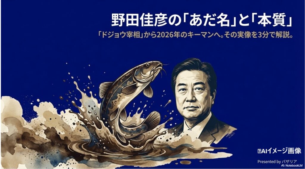 野田佳彦のあだ名と本質を解説するイラスト。ドジョウと野田氏の似顔絵。