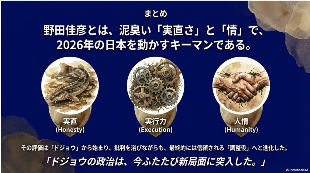 野田佳彦を象徴する3つのアイコン（どじょう、歯車、握手）。実直、実行力、人情を表現したまとめ画像。