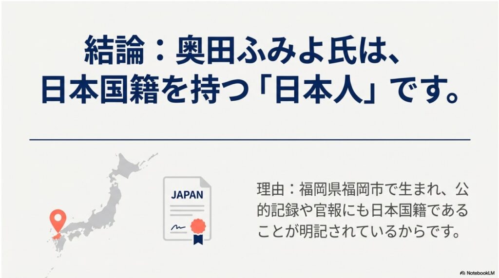 結論：本名は「遠藤 芙美代（えんどう ふみよ）」さんです。政治活動名は奥田ふみよ、戸籍名は遠藤芙美代。帰化の事実もありません。