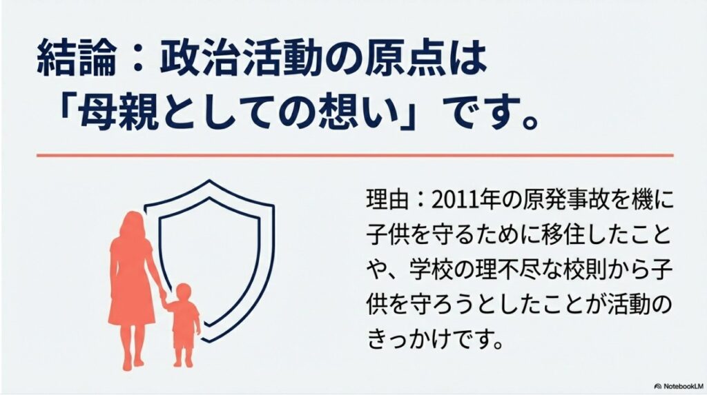 結論：政治活動の原点は「母親としての想い」です。2011年の原発事故や理不尽な校則から子供を守ろうとしたことが活動のきっかけです。