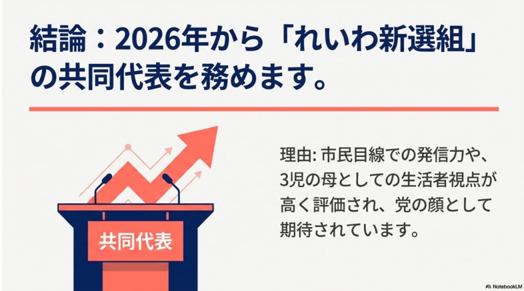 結論：2026年から「れいわ新選組」の共同代表を務めます。市民目線での発信力や3児の母としての生活者視点が高く評価されています。