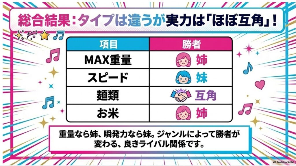 MAX重量、スピード、ジャンル別の勝者をまとめた小野かこさんと小野あこさんの総合結果比較表