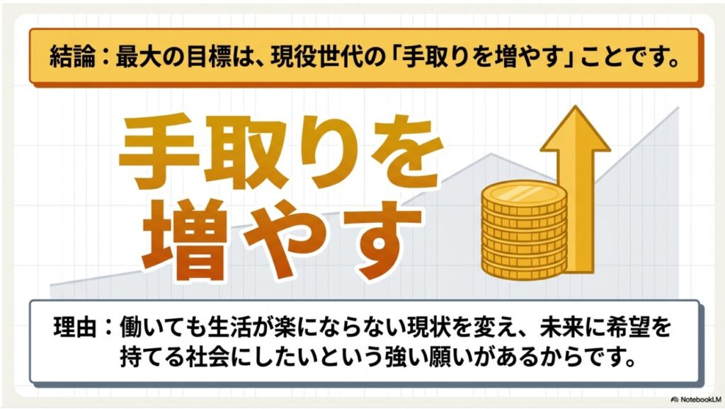 現役世代の手取りを増やすことを最優先に掲げる山口花さんの政策ビジュアル