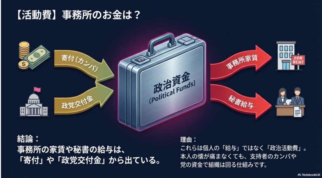 寄付や政党交付金から賄われる事務所運営費の解説図