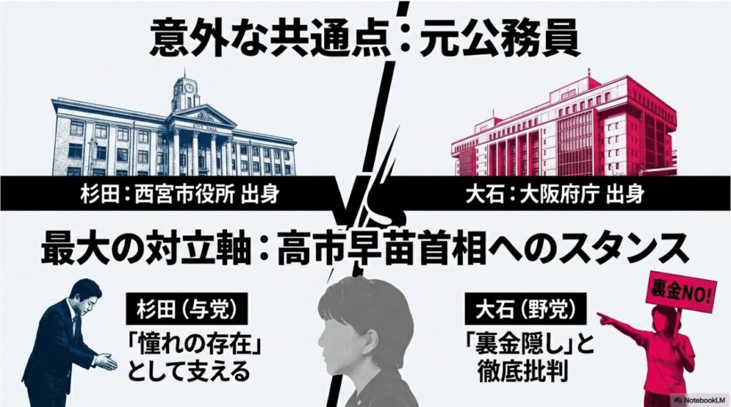 大石あきこさんと杉田水脈さんの共通点である元公務員の経歴と、高市早苗首相へのスタンスの対立