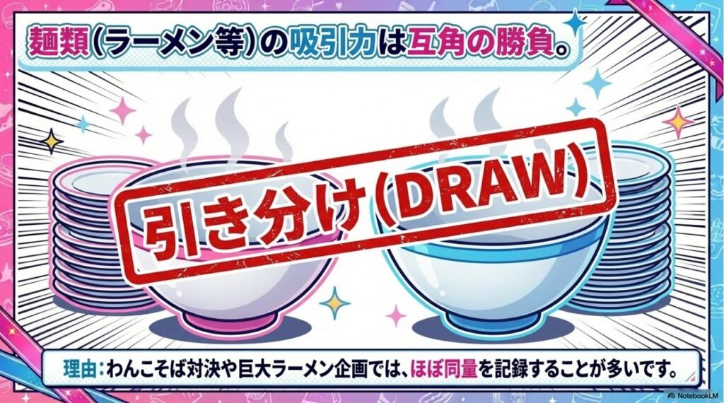 わんこそばやラーメン企画において小野かこさんと小野あこさんの実力が互角であることを示す引き分け画像