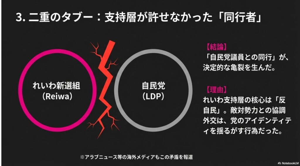 れいわ新選組と自民党の対立構造と同行者問題の図解