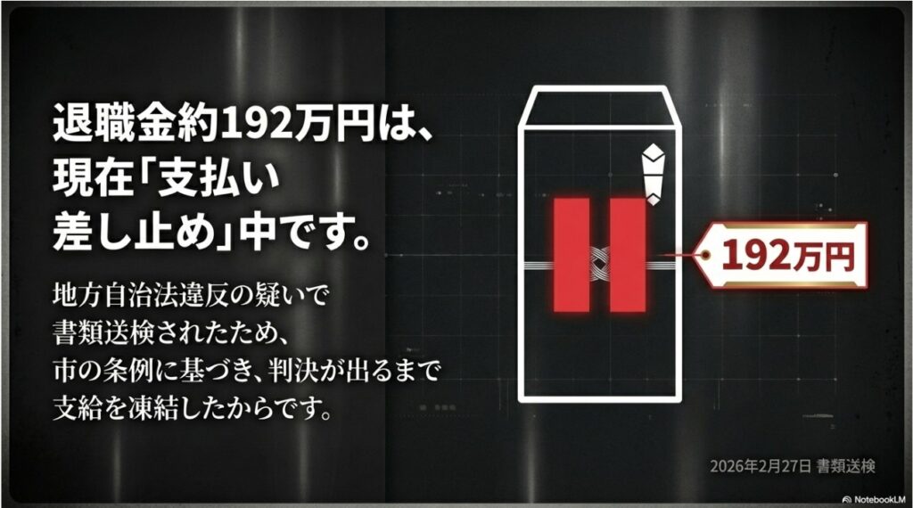 退職金約192万円が地方自治法違反の疑いによる書類送検を受け、条例に基づき支払い差し止め中であることを示す図解