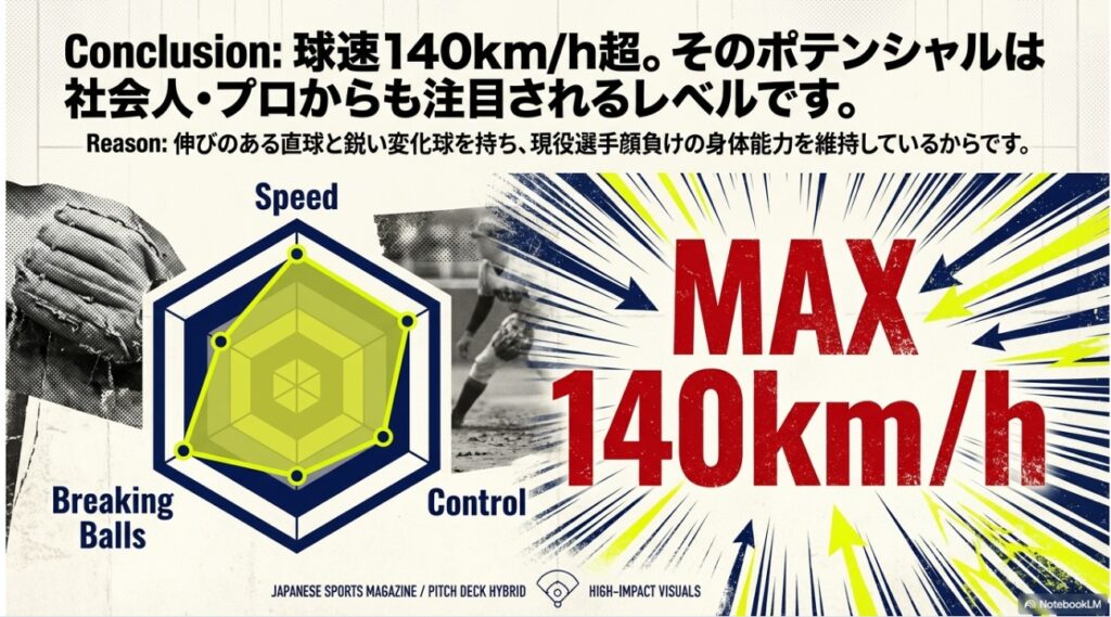 佐々木隆史の最高球速140キロ超と投手能力を示すレーダーチャート