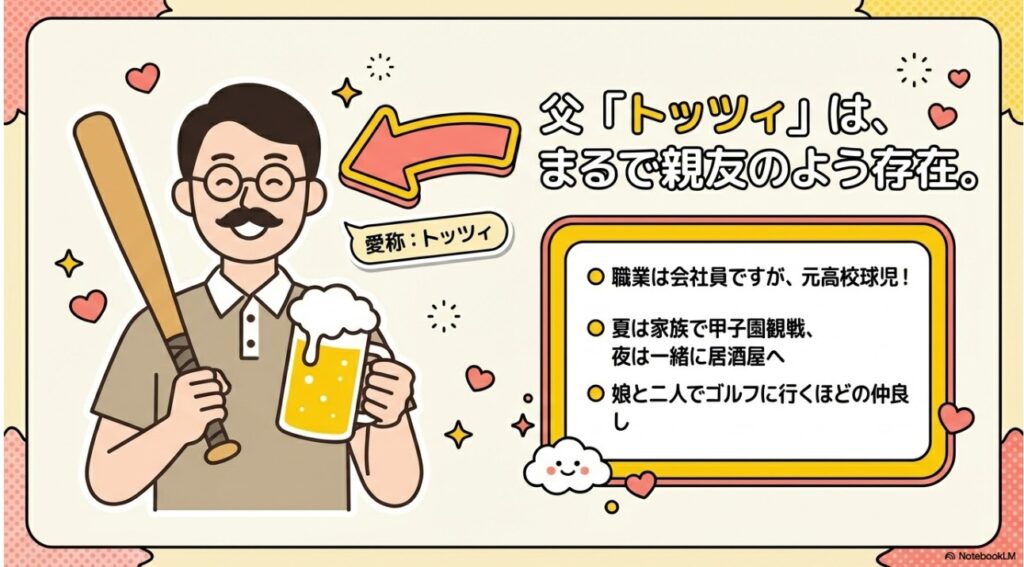 佐藤栞里の父親「トッツィ」のイラスト。元高校球児で娘と親友のように仲が良い