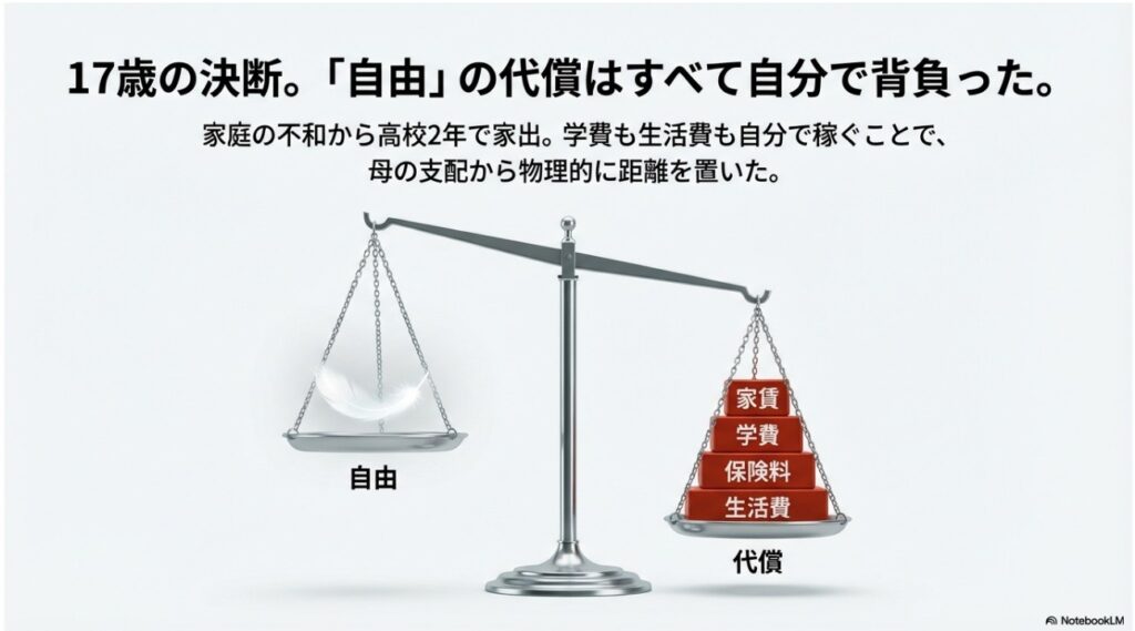 自由を得る代償として生活費や学費を自ら背負ったことを示す天秤の図解