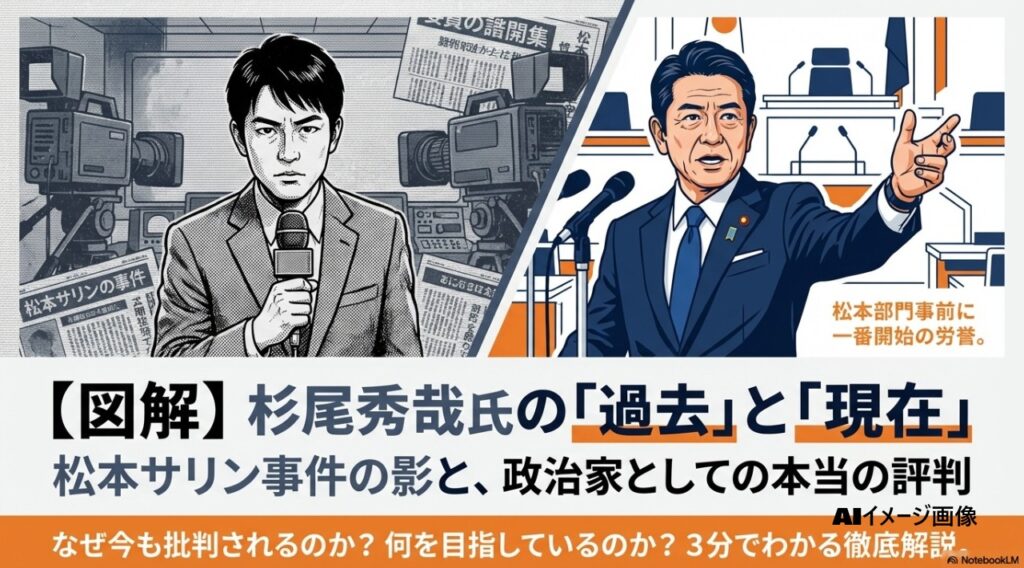 杉尾秀哉氏の過去の事件報道と現在の政治家としての活動を対比させた図解