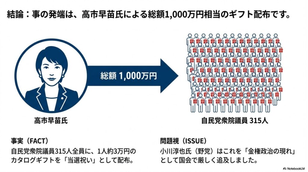 高市早苗氏による自民党衆院議員315人への総額1000万円ギフト配布の図解