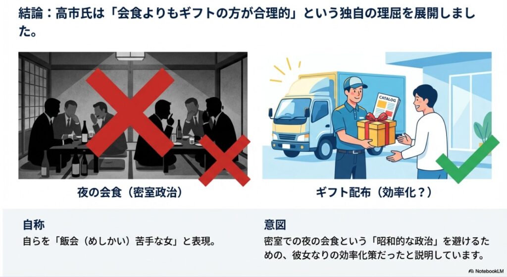 夜の会食を避けギフト配布を効率化とする高市早苗氏の理屈