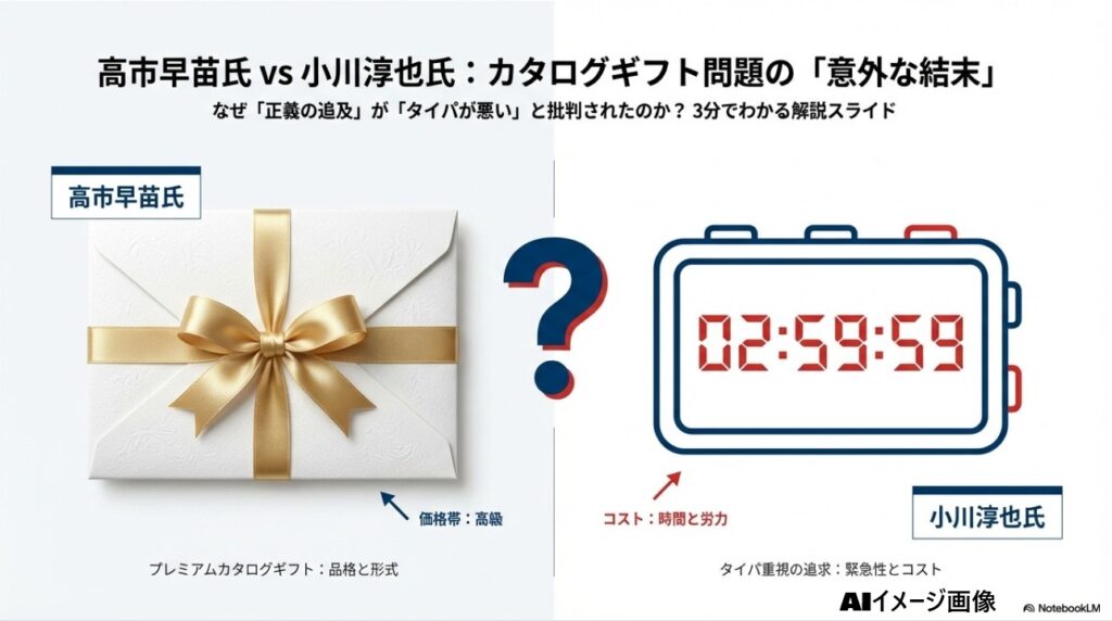 高市早苗氏と小川淳也氏のカタログギフト問題を解説する記事のアイキャッチ画像