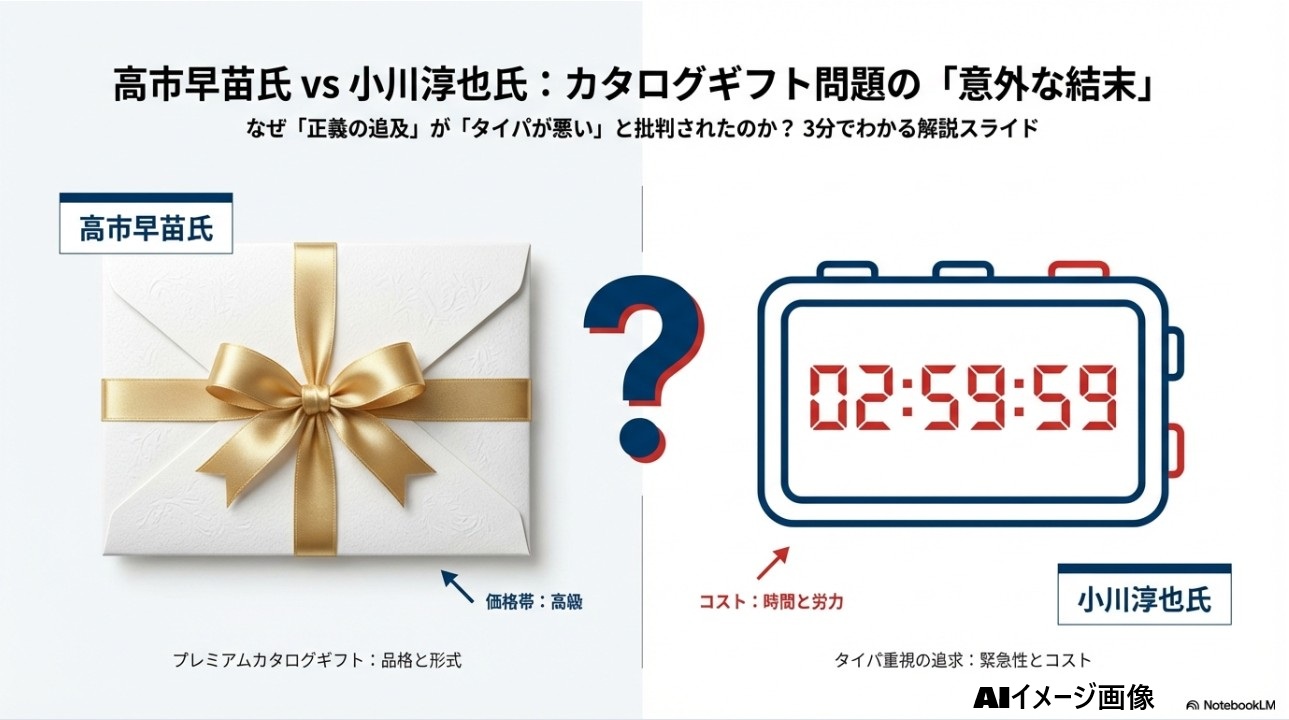 高市早苗氏と小川淳也氏のカタログギフト問題を解説する記事のアイキャッチ画像