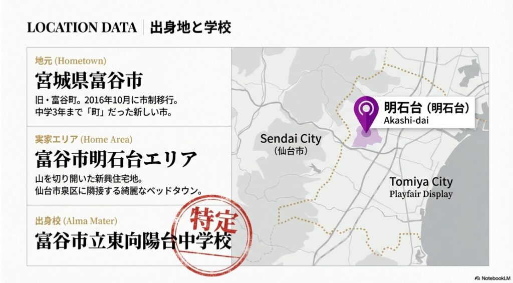 久保史緒里の地元は宮城県富谷市明石台エリア。出身中学校は富谷市立東向陽台中学校と特定された地図情報
