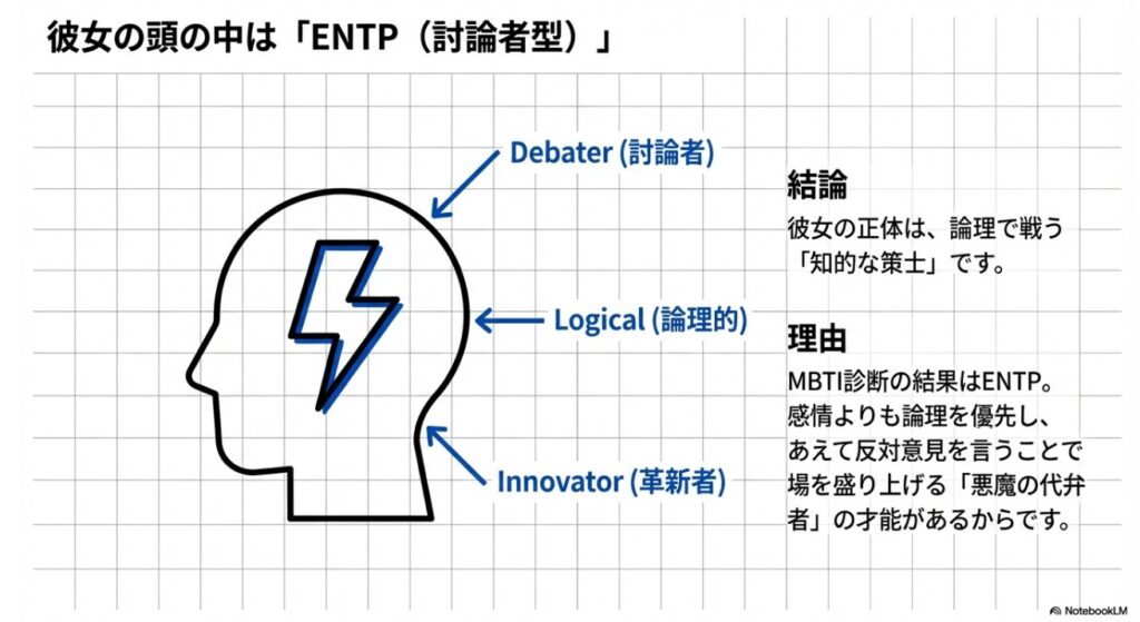 ファーストサマーウイカのMBTIタイプであるENTPの論理的思考図