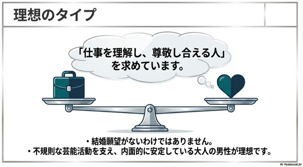 梅田彩佳が求める理想の男性像と結婚観についての図解