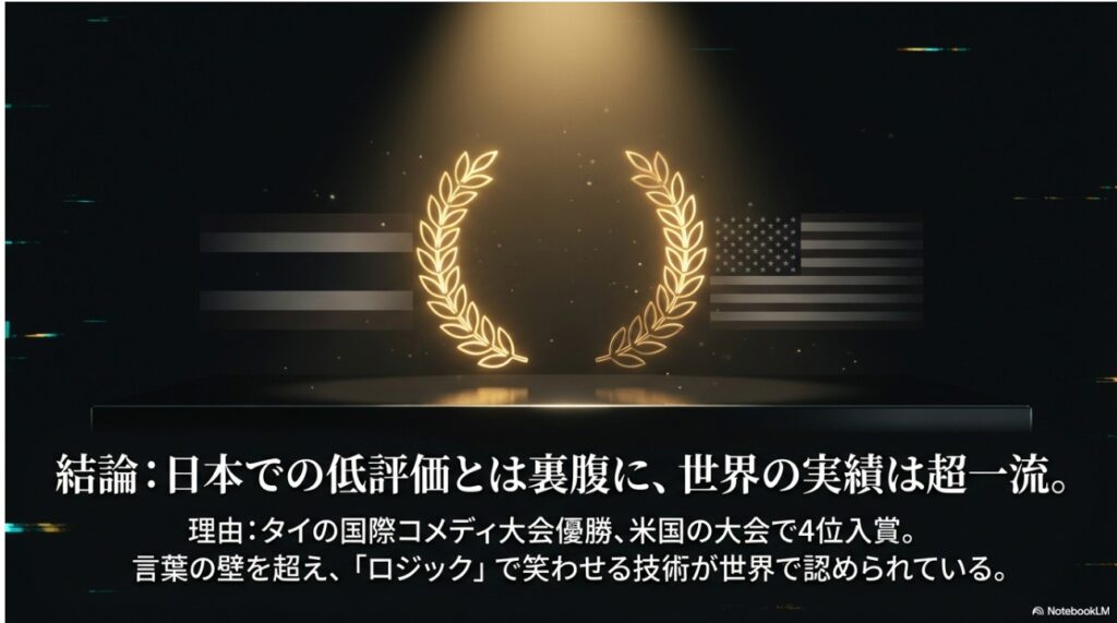 日本での低評価とは裏腹に海外のコメディ大会で受賞する実績