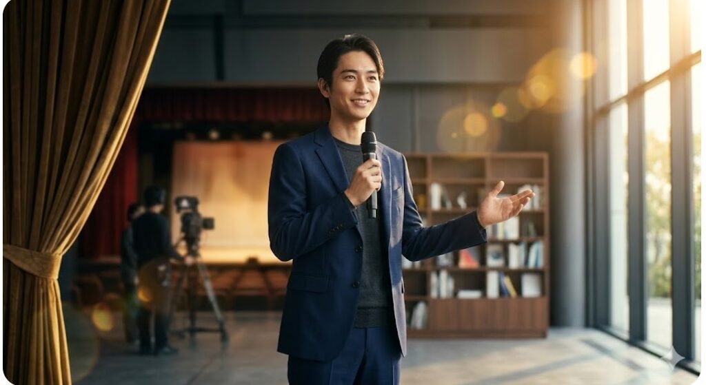 186cmの長身と同志社大学卒業の経歴をイメージした岡田真輝志さんのポートレート