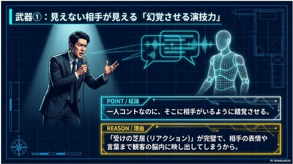 見えない相手を観客の脳内に映し出すルシファー吉岡の演技力解説図