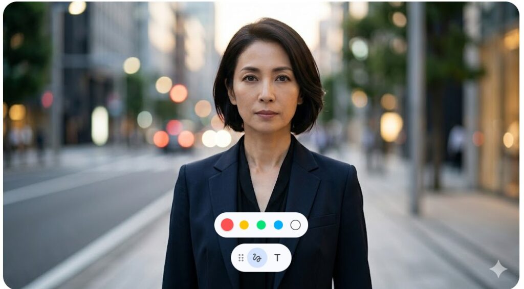 都会の街並みを背景に凛とした表情で立つ日本人女性の姿