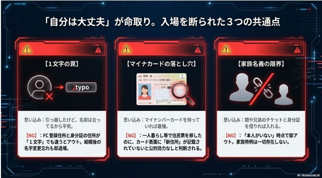 入場を断られた3つの理由：1文字の誤記、マイナカードの更新忘れ、家族名義の限界を示すカード図解。