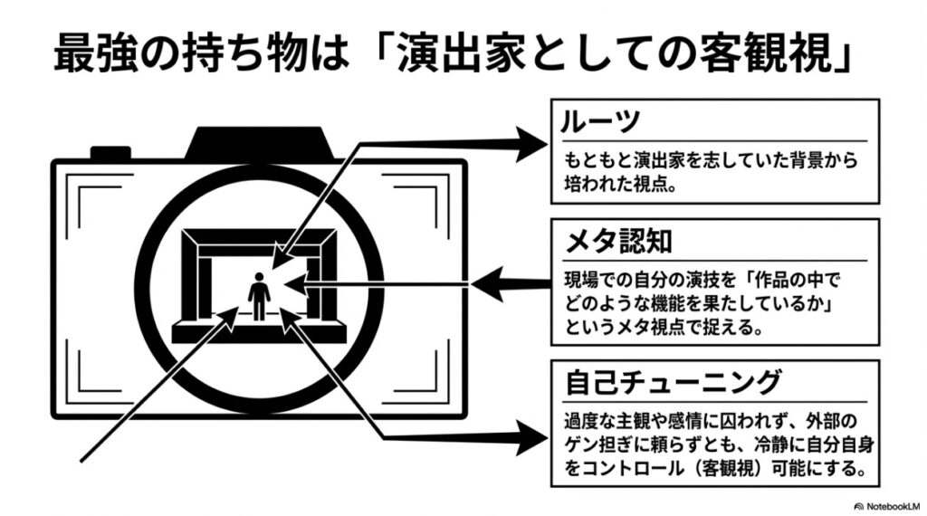 演出家としての客観視とメタ認知による見上愛のセルフチューニング解説図