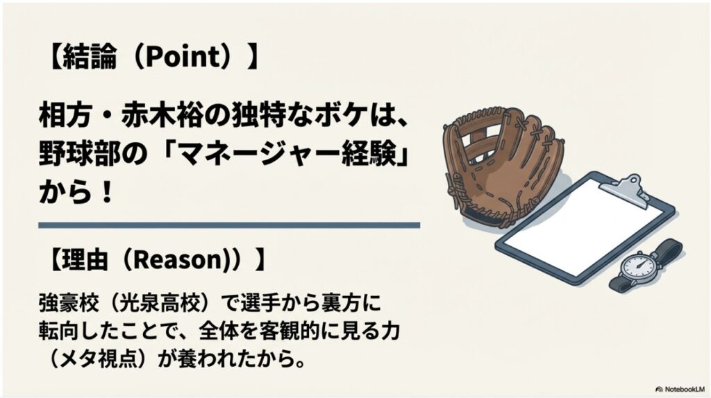 赤木裕さんの独特なボケのルーツである光泉高校野球部でのマネージャー経験を説明する画像