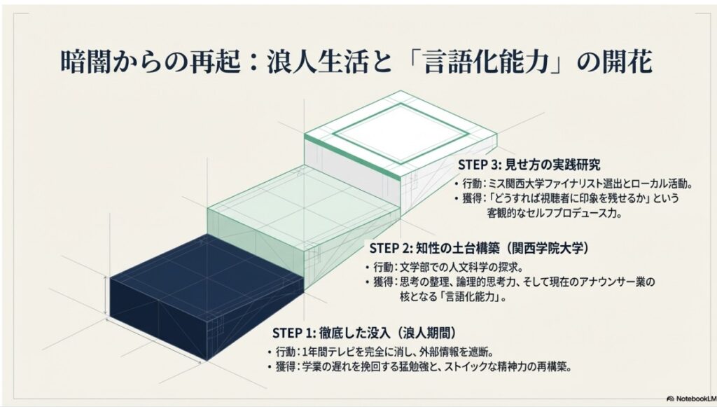 浪人時代から大学生活での言語化能力開花までのステップ図