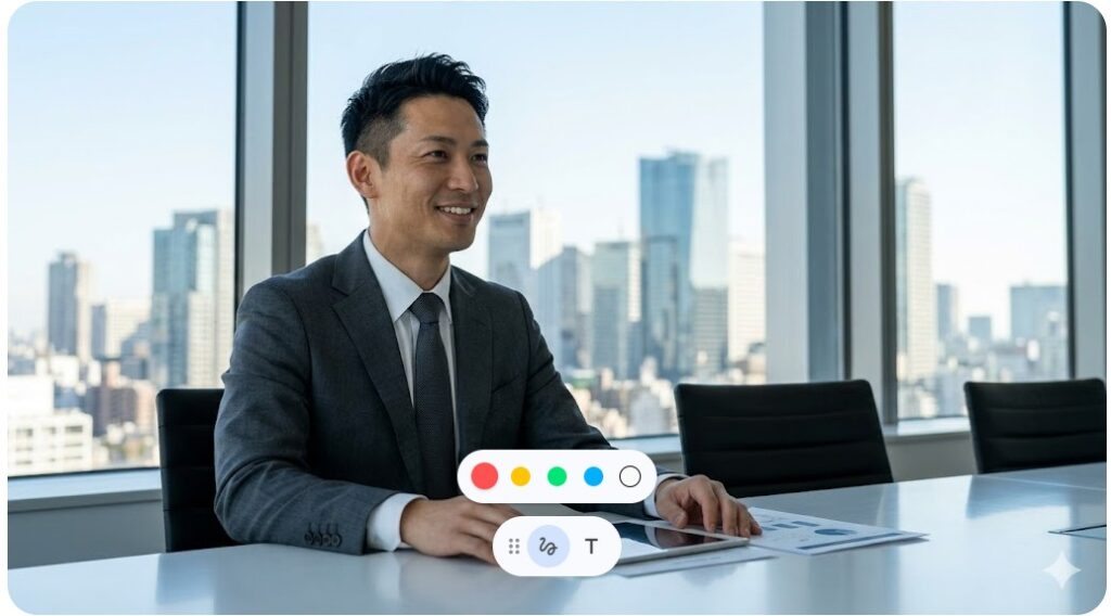 篠田麻里子さんの再婚相手である麻野耕司さんをイメージした、近代的なオフィスで微笑む知的な日本人経営者の姿