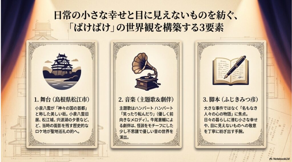ドラマ「ばけばけ」の世界観を構成する舞台・音楽・脚本の3要素の紹介