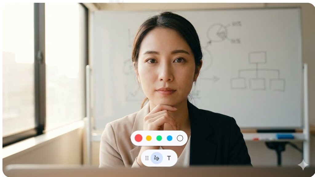 オフィスでホワイトボードを背に前を見据える自立した女性