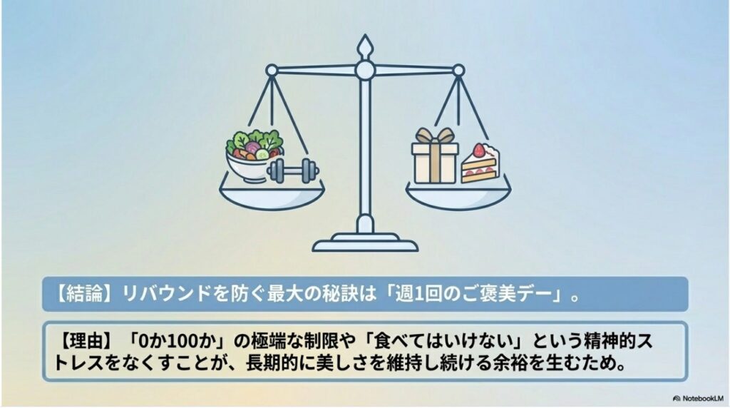 リバウンドを防ぎ美しさを維持するための週1回のご褒美デーのバランス