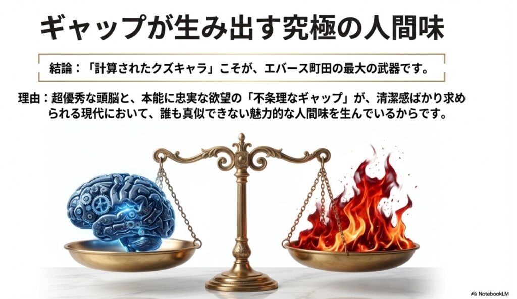 超優秀な頭脳と本能に忠実な欲望のギャップが生む人間味の図解