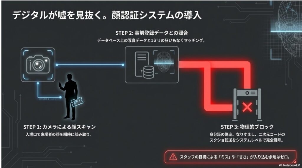 カメラによる顔スキャン、事前登録データとの照合、物理的なブロックまでのプロセスを示すデジタル図解。