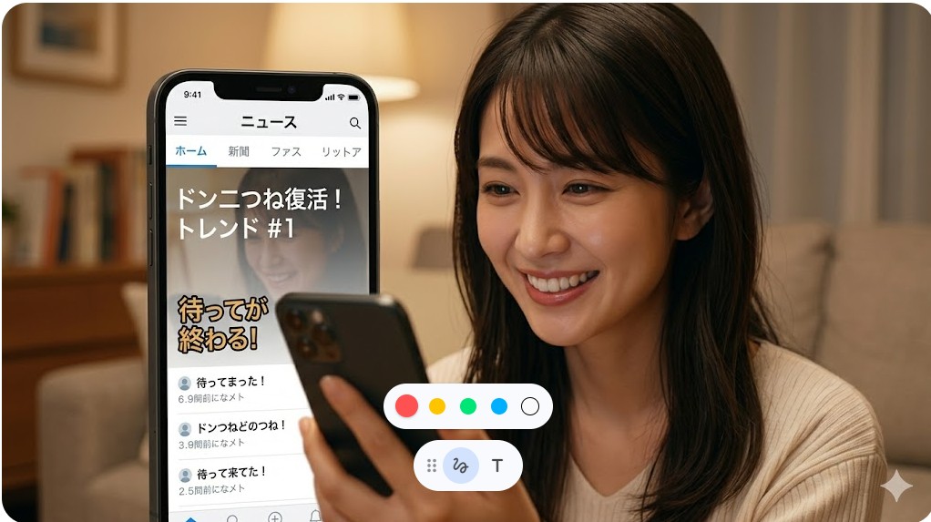 どんぎつね復活のニュースをスマホで見て喜ぶ日本人女性