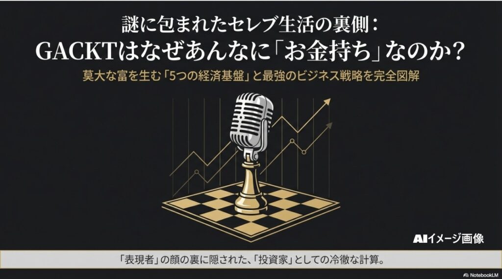 GACKTの莫大な富を生む「5つの経済基盤」とビジネス戦略を解説するアイキャッチ画像。チェス盤とマイクのイラスト。