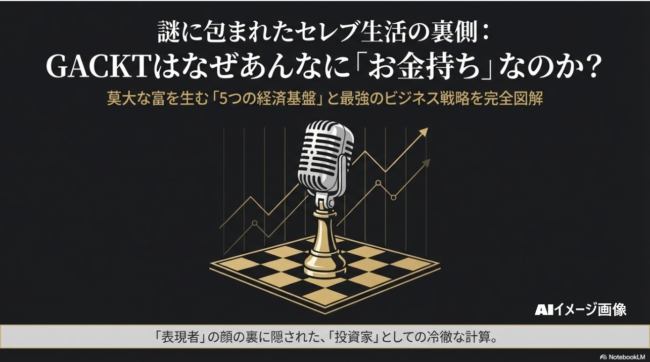 GACKTの莫大な富を生む「5つの経済基盤」とビジネス戦略を解説するアイキャッチ画像。チェス盤とマイクのイラスト。