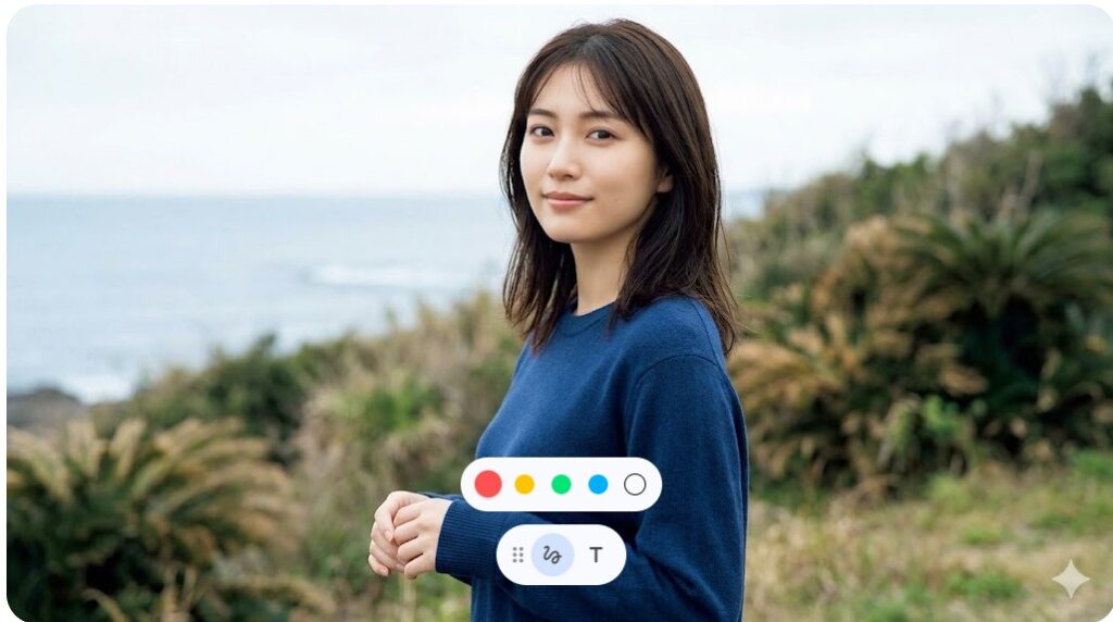 海辺の自然の中で微笑む青いニットを着た日本人女性