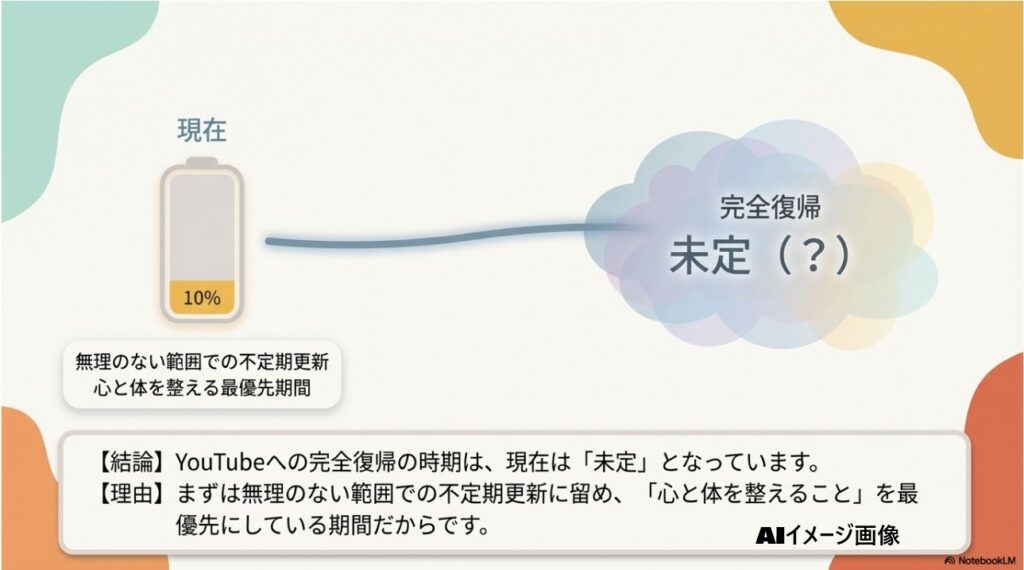 はらぺこツインズの現在のエネルギー残量とYouTubeへの完全復帰が未定であることを示すバッテリーの図