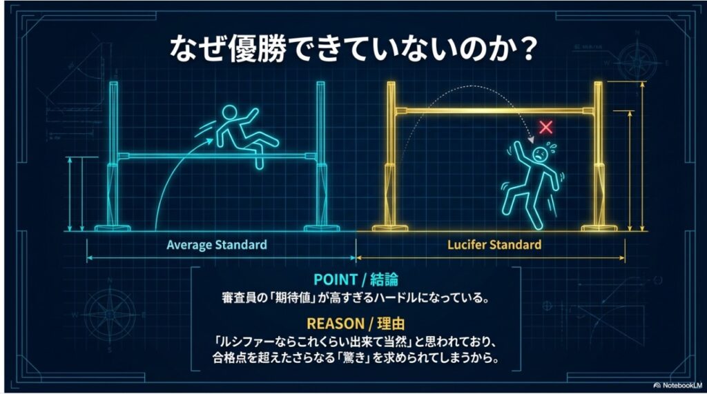 審査員の期待値が高すぎるハードルとなっている現状をハイジャンプで例えた比較図