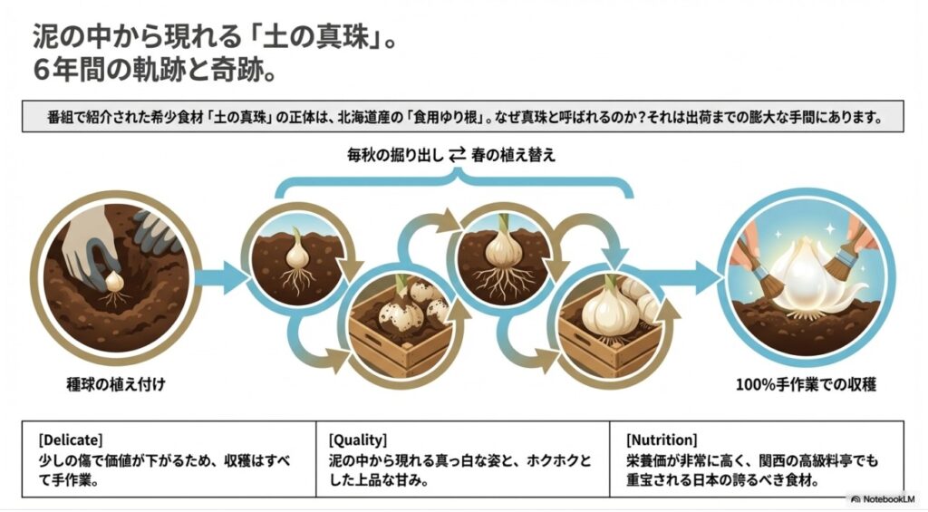 北海道産の高級食材ゆり根（土の真珠）が収穫されるまでの6年間にわたる栽培工程の図解