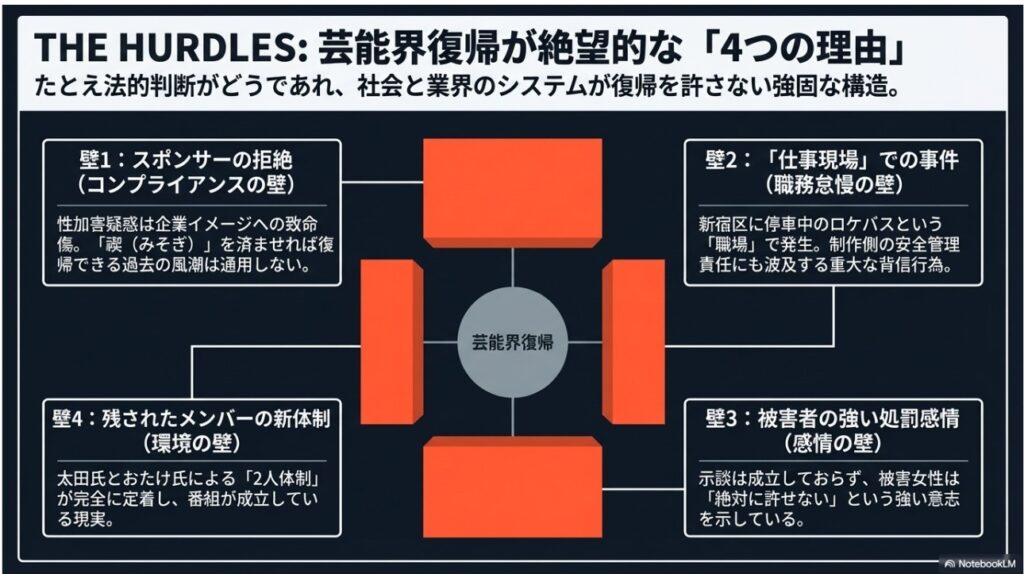 斉藤慎二さんの芸能界復帰を阻む4つの高い壁（スポンサー・職場・感情・環境）